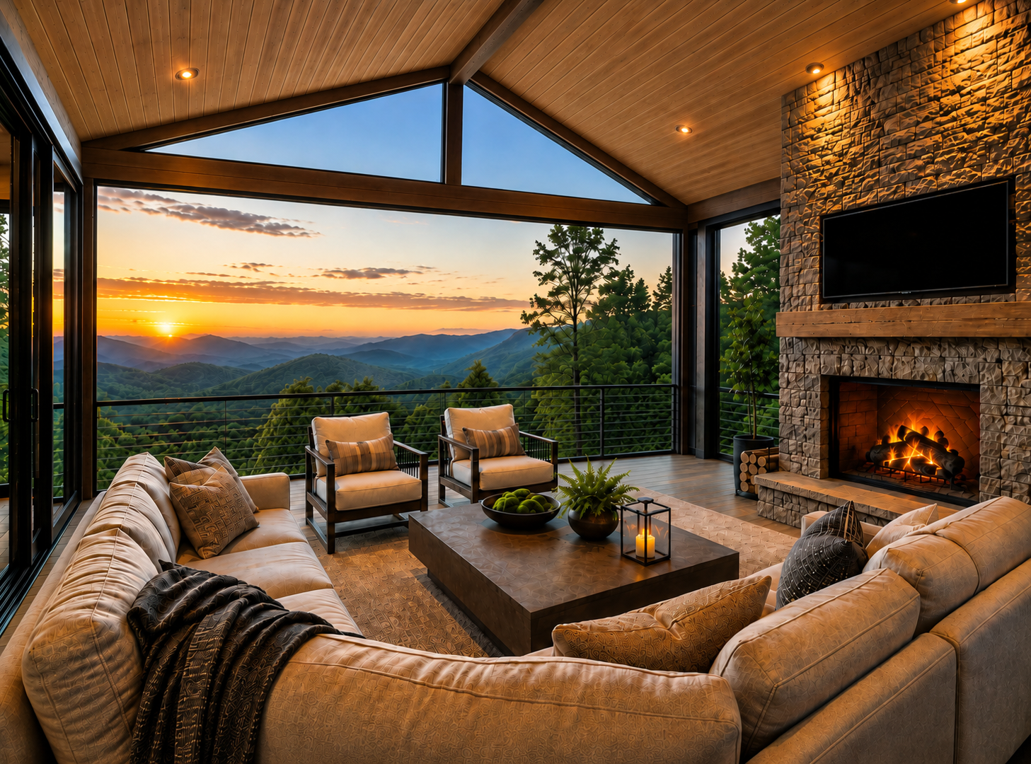 Screened porch at 96 Split Rock with a vaulted timber ceiling, stone fireplace, and mountain views